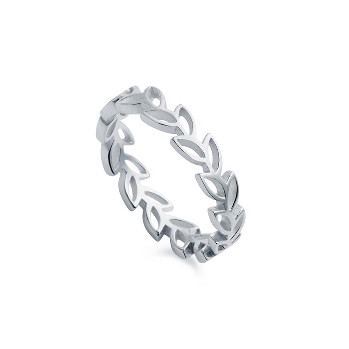 Silver multiple leaf ring in matte finish on white background