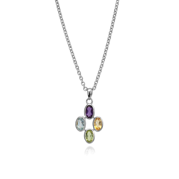 Necklace with a pendant featuring multicolored gemstones on a white background