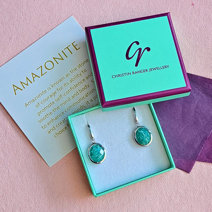 Sterling silver oval drop earrings with amazonite gemstones in Christin Ranger Jewellery gift packaging