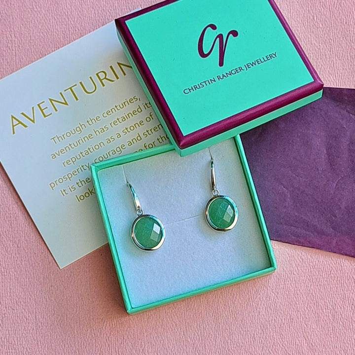 Sterling silver oval drop earrings with jade-green aventurine in Christin Ranger Jewellery gift boxes
