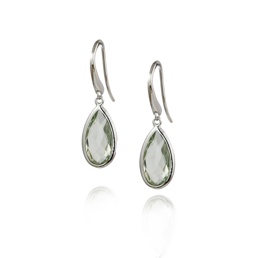Silver teardrop earrings with pale green amethyst gemstones on hooks