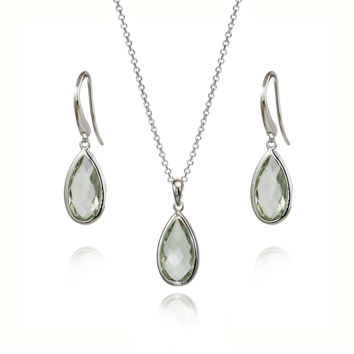 Green Amethyst Pear Drop Earrings In Sterling Silver