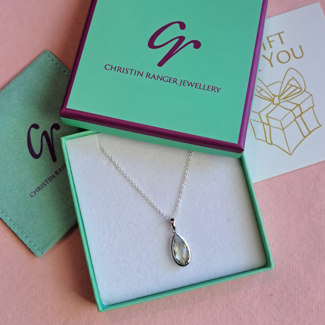 Sterling silver pear drop pendant necklace in green amethyst in Christin Ranger Gift Packaging