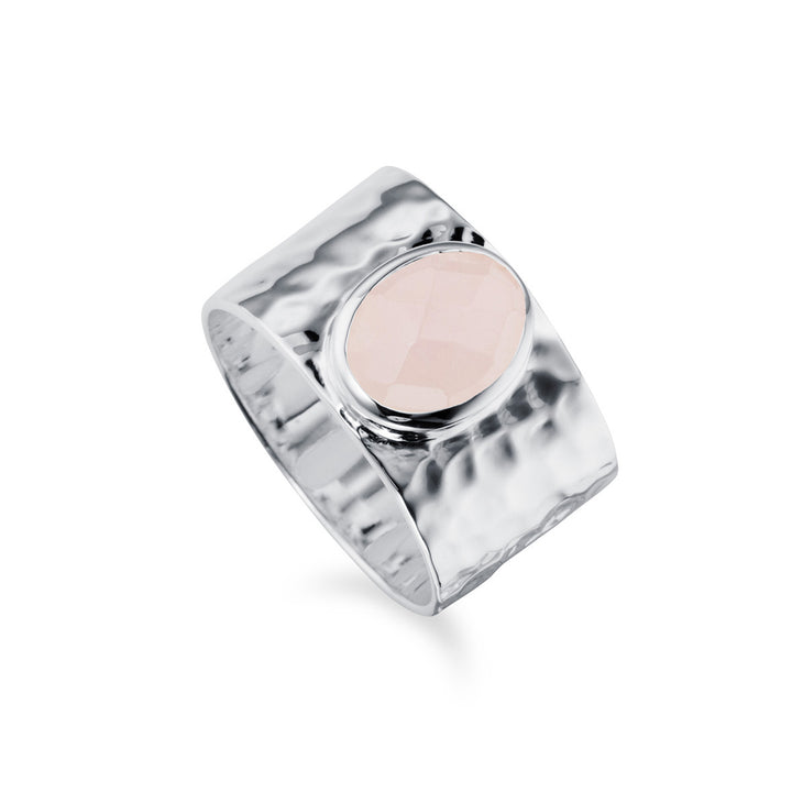 Sterling silver wide band ring with natural rose quartz gemstone