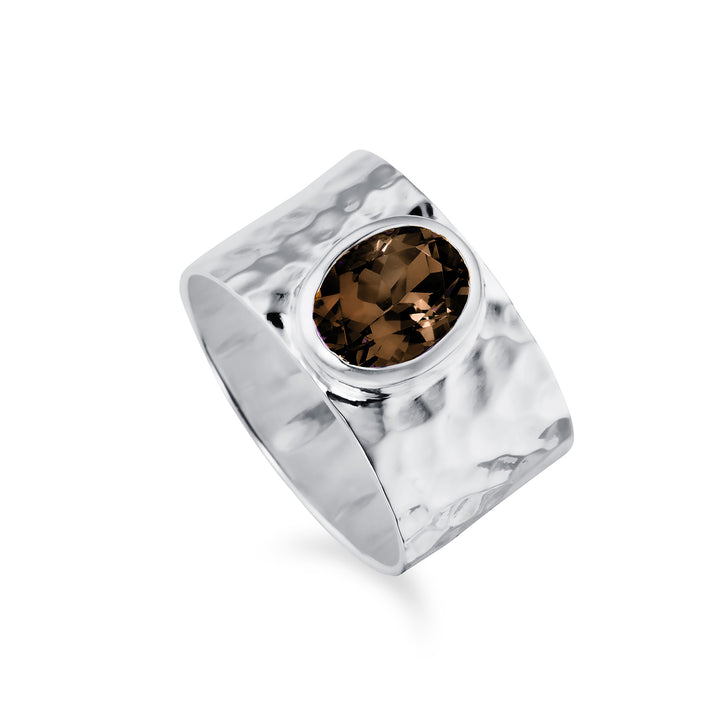 Sterling silver wide band ring with natural smoky quartz gemstone