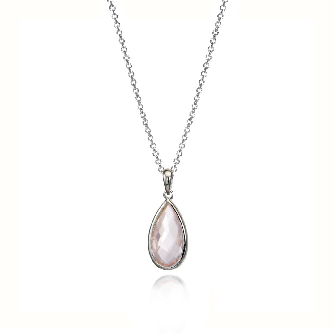 Silver teardrop shaped pendant with a pale pink rose quartz gemstone and chain.