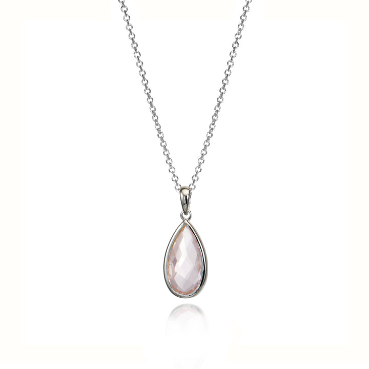 Silver teardrop shaped pendant with a pale pink rose quartz gemstone and chain.