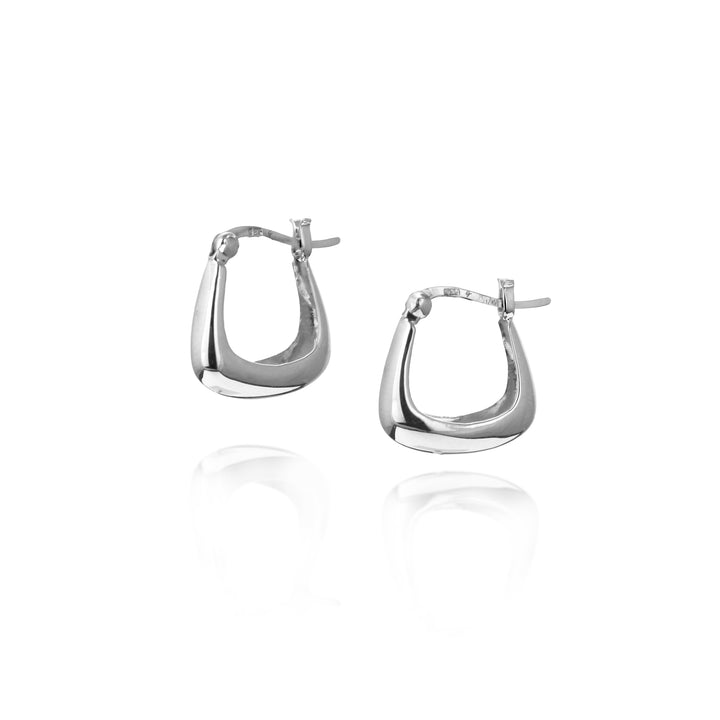 Pair of small square silver hoop earrings on a white background