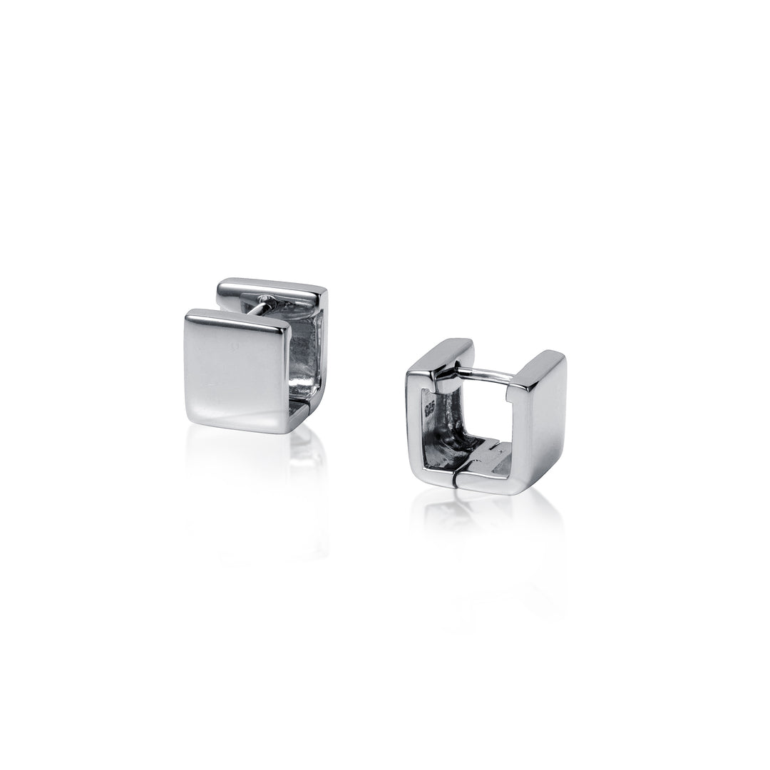 Square silver huggie hoop earring on white background