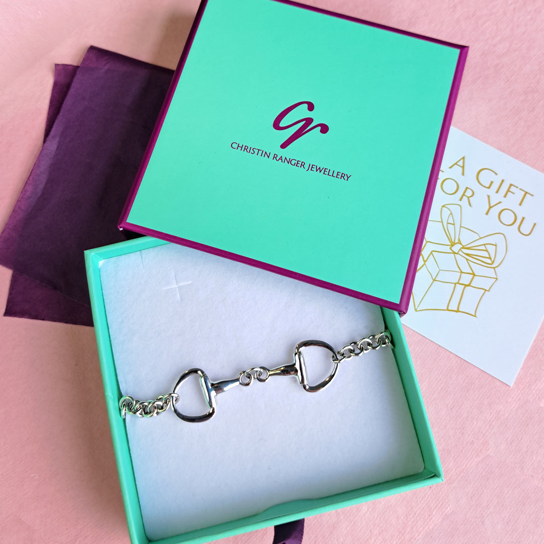 Sterling silver snaffle bit chain bracelet in Christin Ranger Jewellery gift packaging