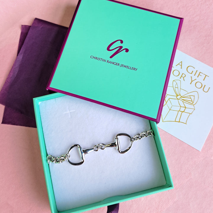 Sterling silver snaffle bit chain bracelet in Christin Ranger Jewellery gift packaging