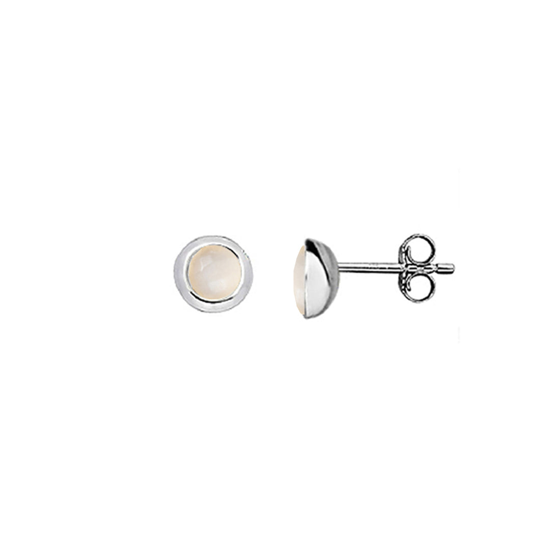 Pair of silver stud earrings with a round, light-colored gemstone on a white background