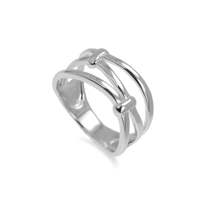 Silver three band ring with knot design on white background