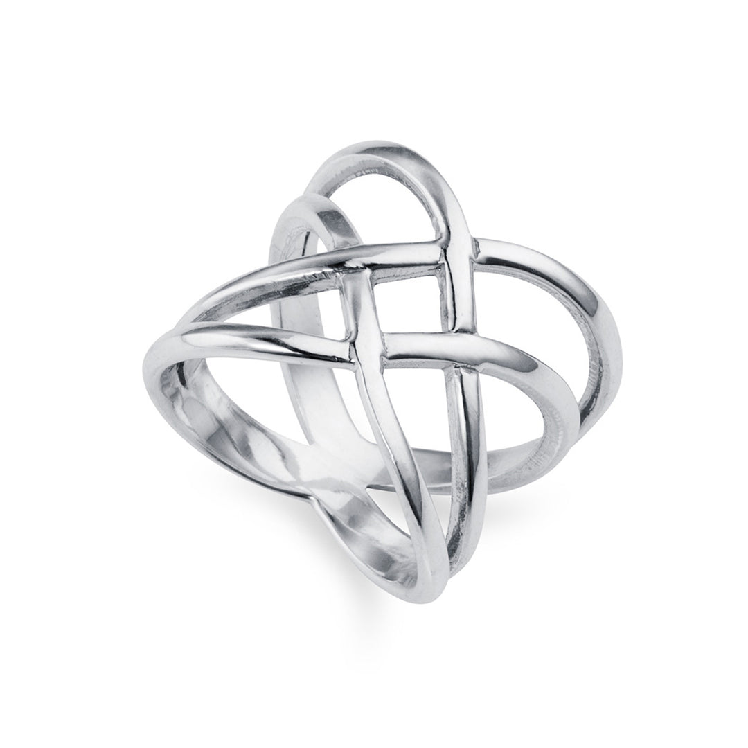 Wide silver ring with criss-cross design on a white background