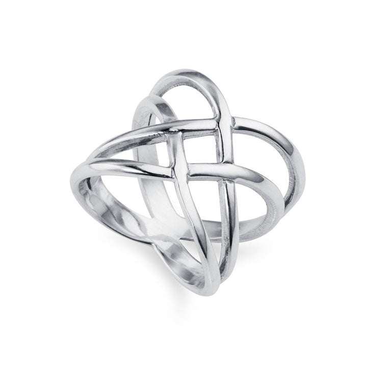 Wide silver ring with criss-cross design on a white background