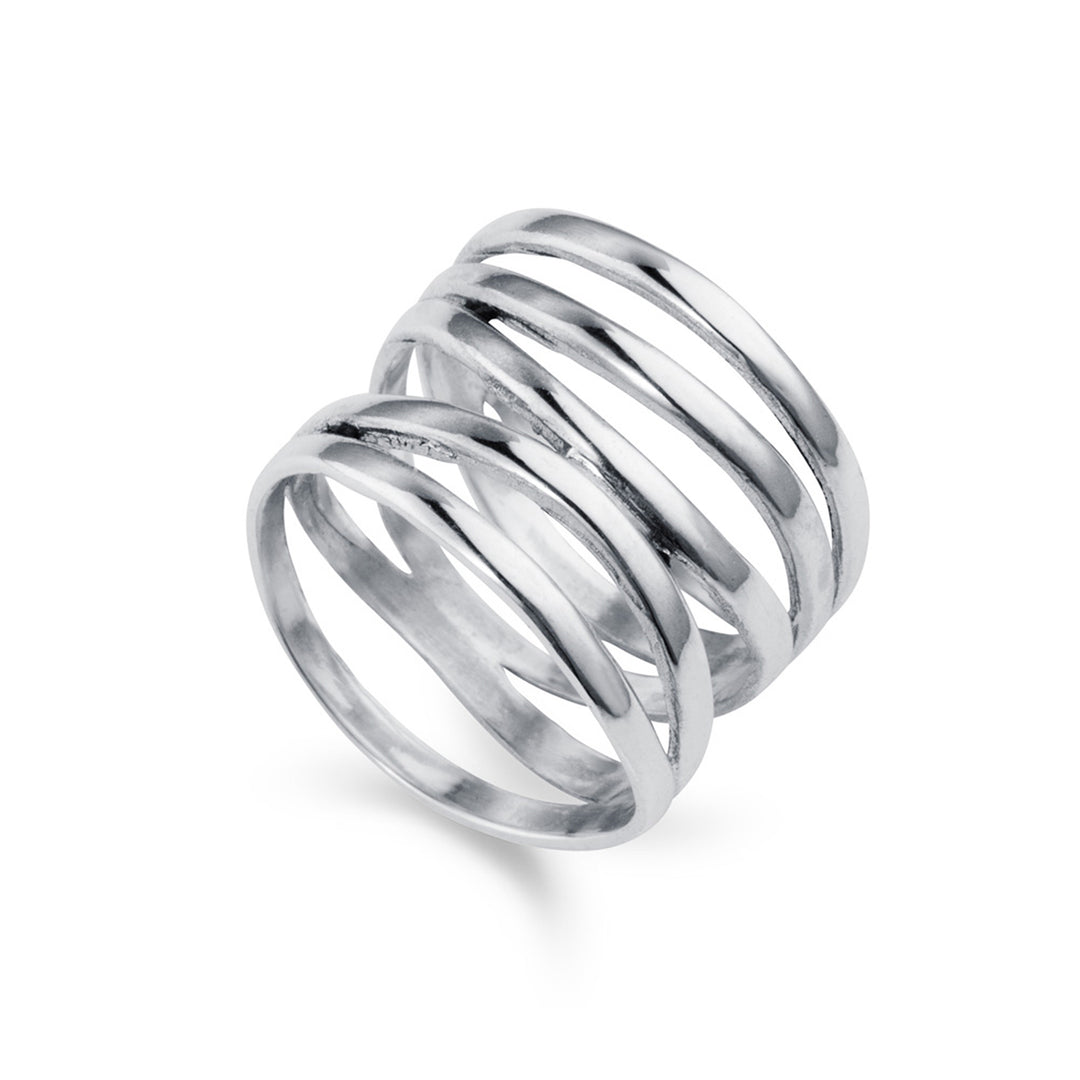 Sterling silver wide multi-band wrap ring on white background