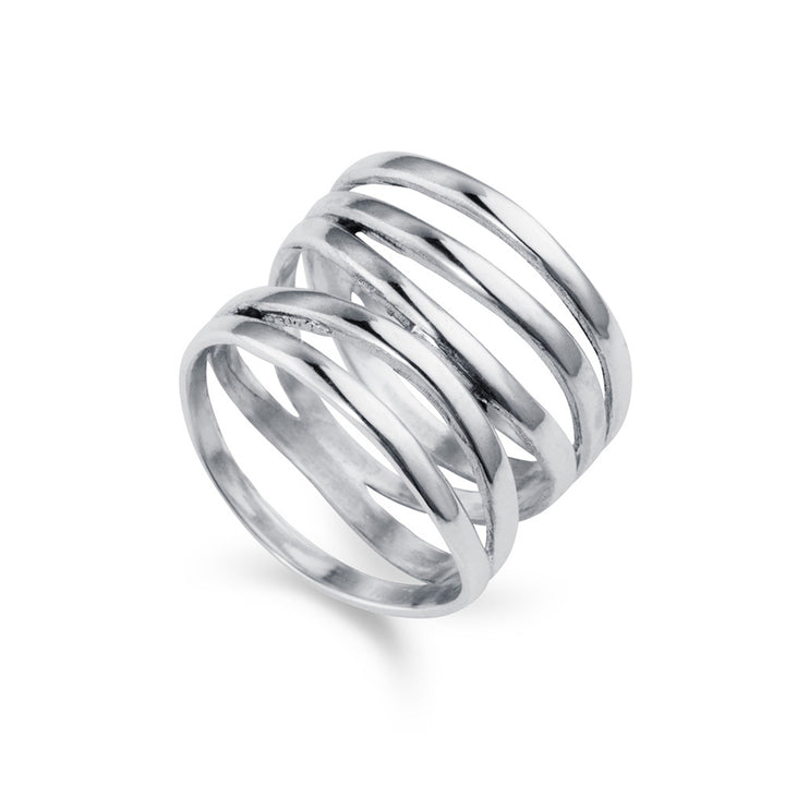 Sterling silver wide multi-band wrap ring on white background