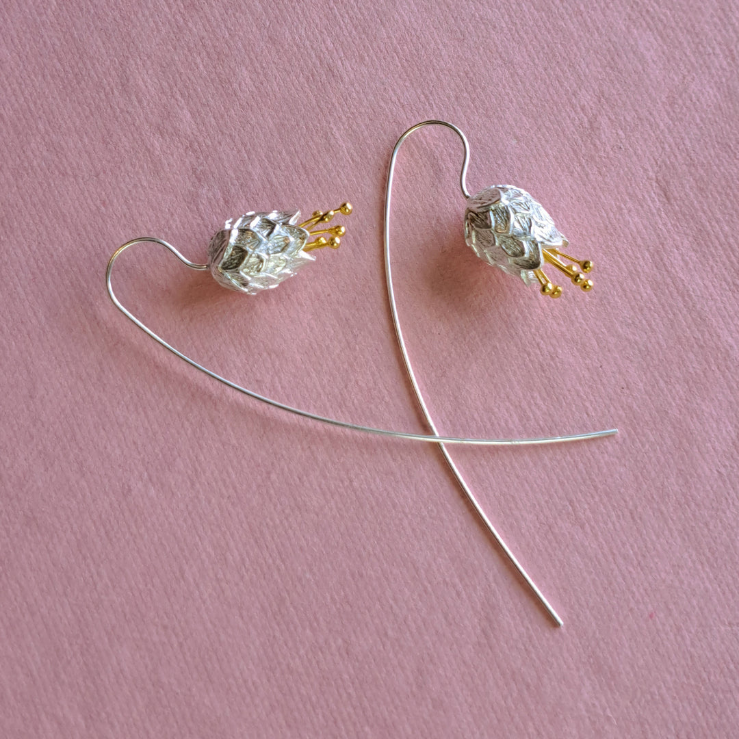 Sterling silver Scottish thistle drop earrings with gold vermeil details - alternative view