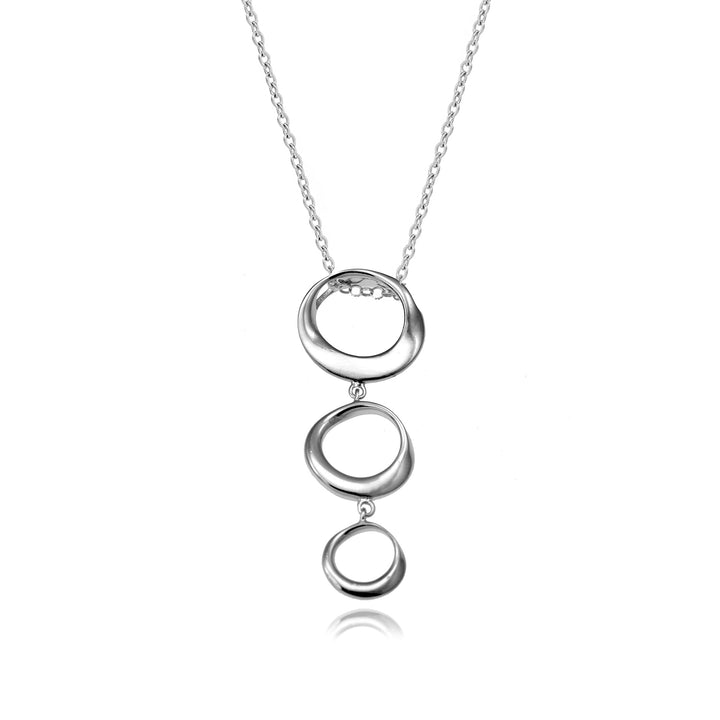 Silver necklace with three interlocking rings on a white background