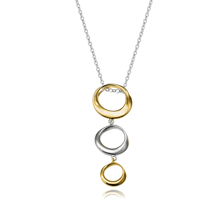 Necklace with three interlocking rings in gold and silver on a white background