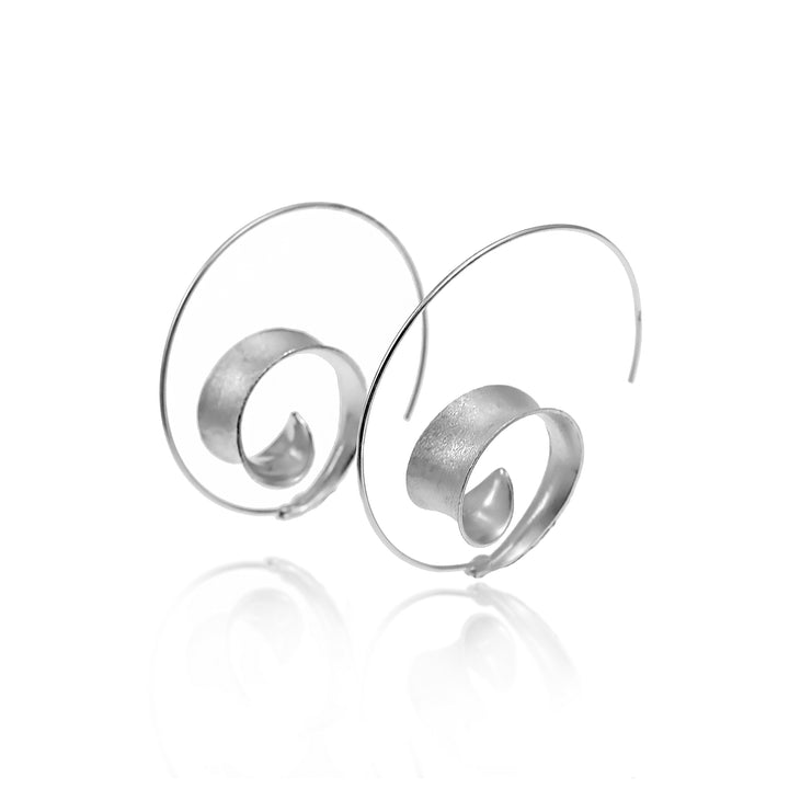 Silver threader hoop earrings on a white background