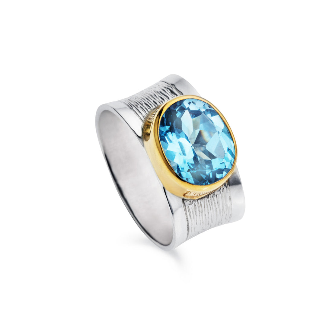 Wide silver ring with a large blue gemstone with a gold bezel against a white background