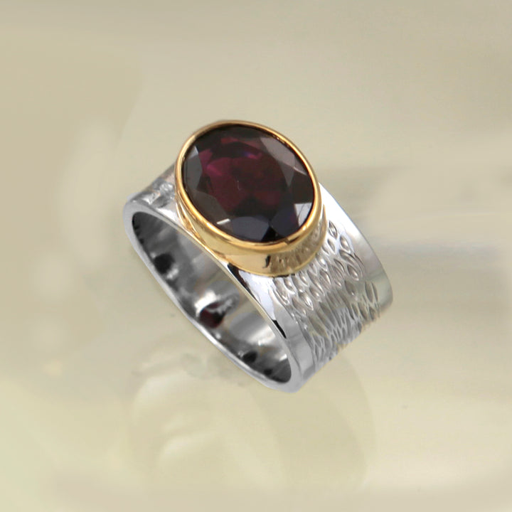 Large Silver & Gold Ring With Natural Garnet