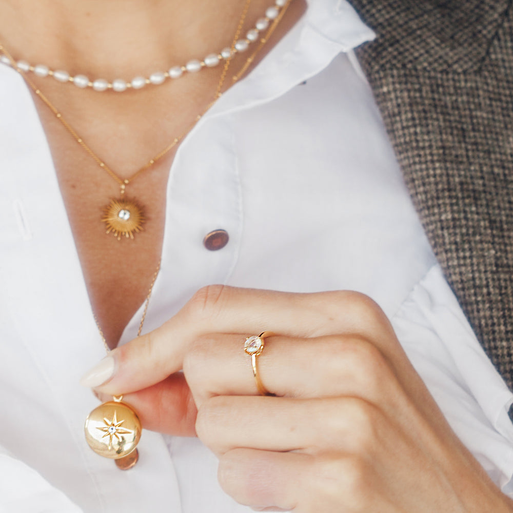 Model Wearing Moonstone Ring in Gold Vermeil