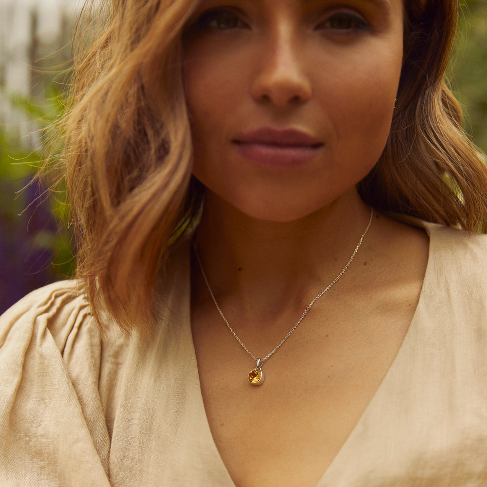 Model Wearing Citrine Silver Gem Squared Pendant