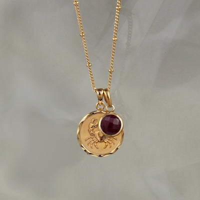 Gold Zodiac Necklace - Cancer  with Birthstone