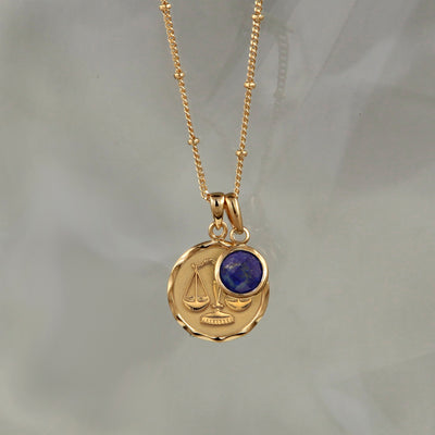 Gold Zodiac Necklace - Libra  with  Birthstone