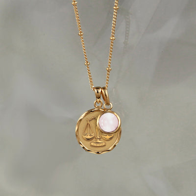 Gold Libra Zodiac Star Sign Necklace with Rose Quartz birthstone