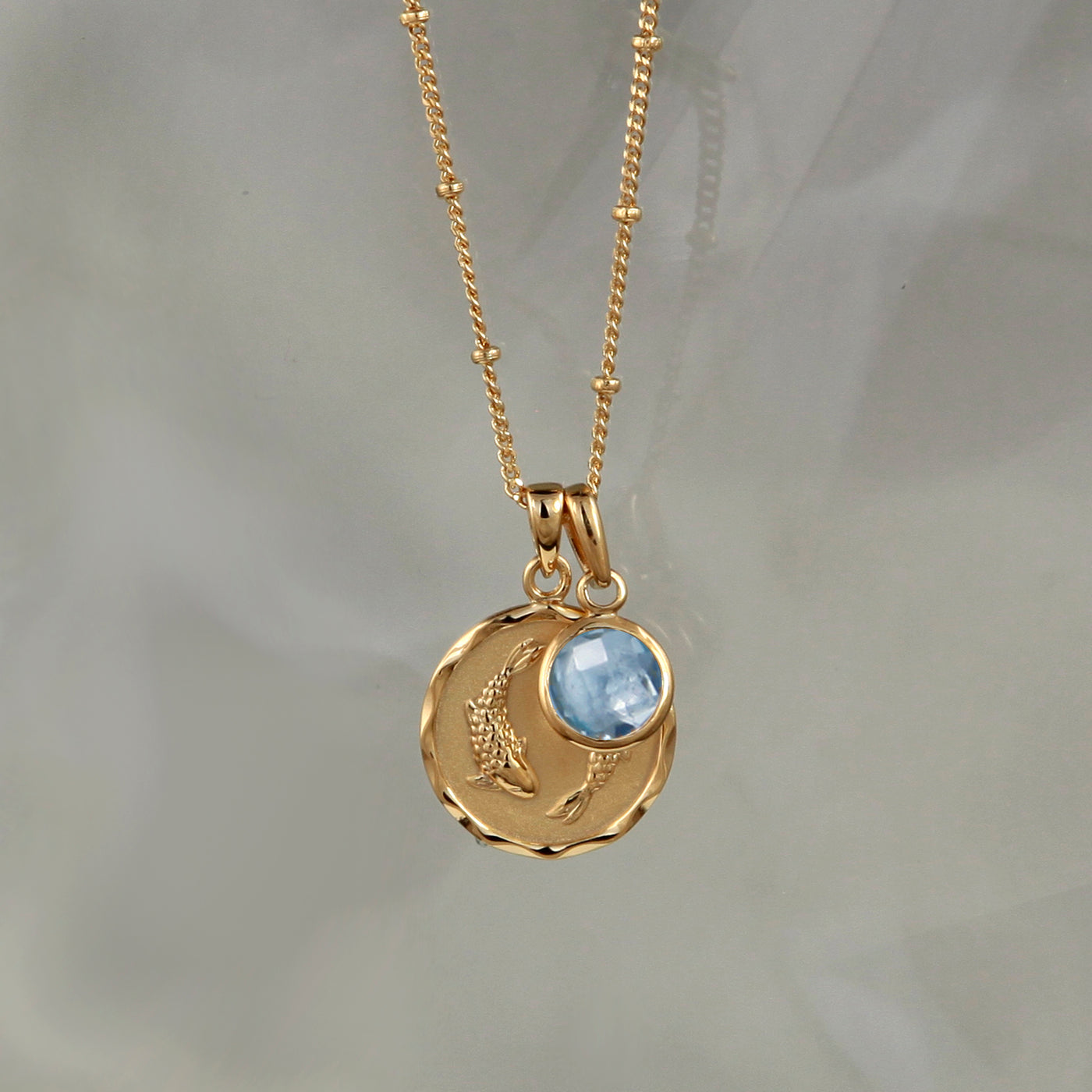 Gold Zodiac Necklace- Pisces with Birthstone