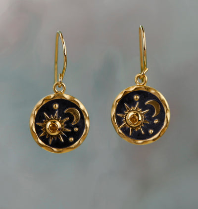 Gold Sun And Moon Drop Earrings With Citrine