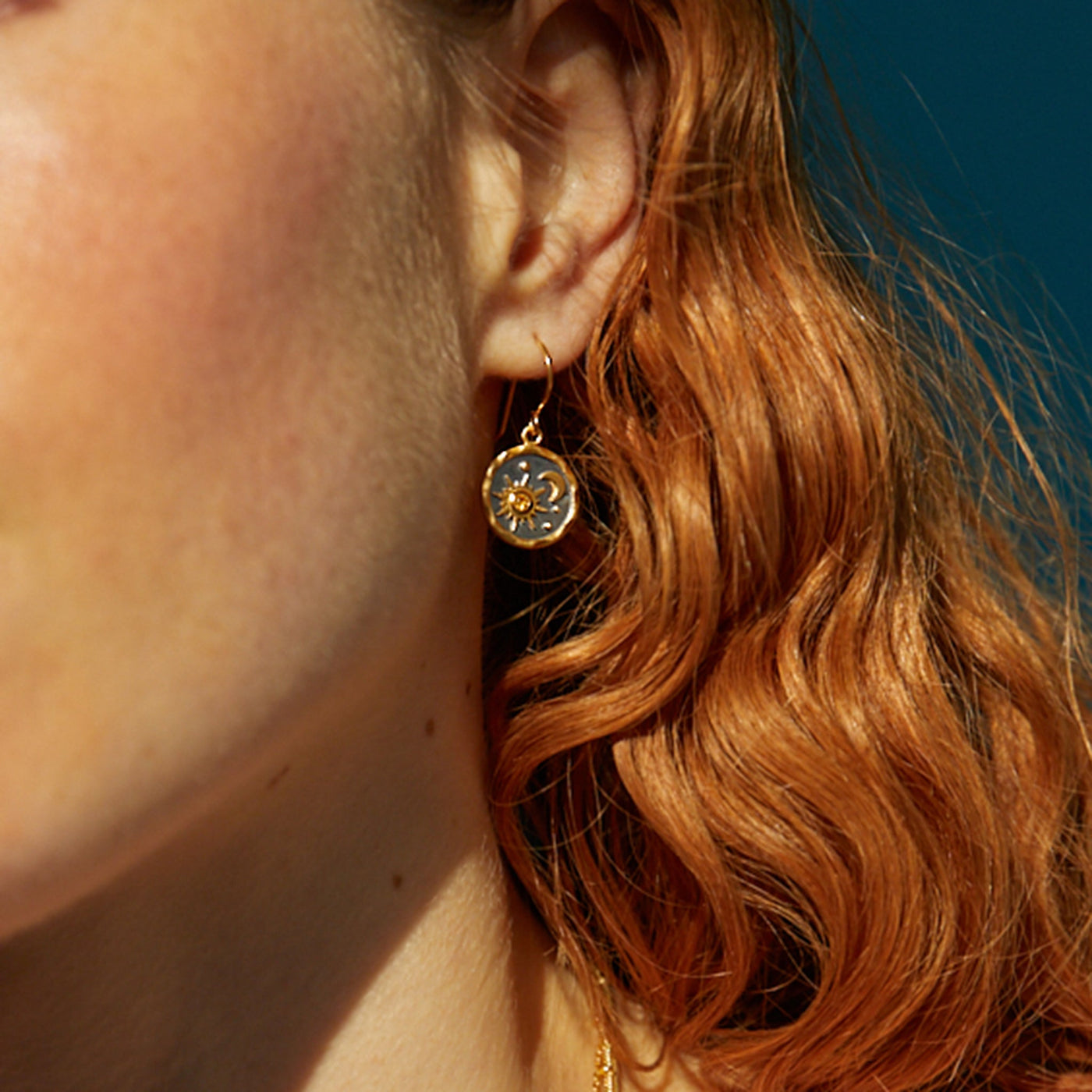 Model Photo of Heaven-Sent Sun & Moon Hook Earrings in Matte Gold
