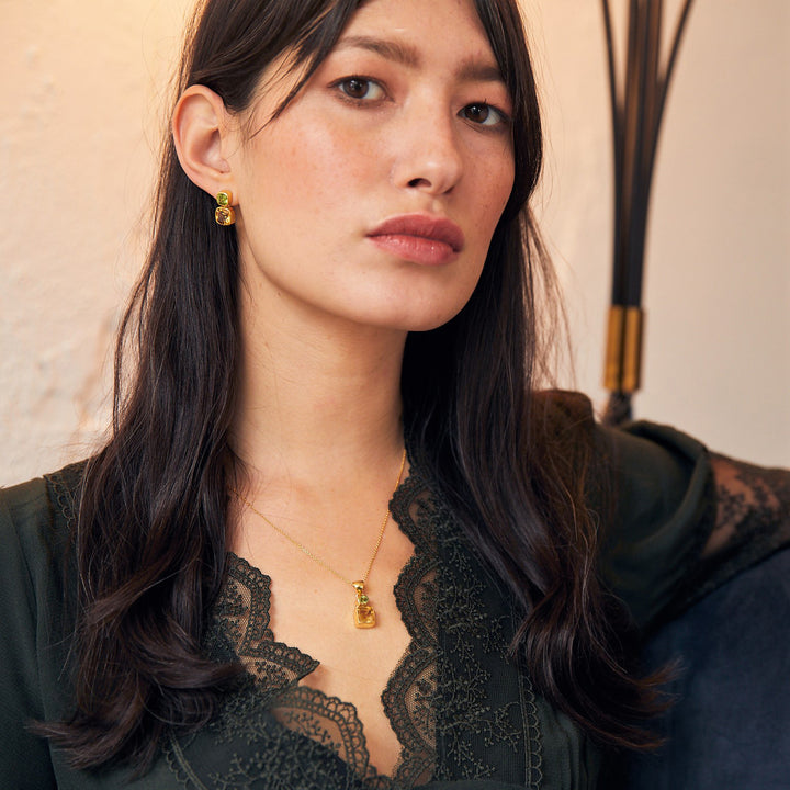 Model Wearing Citrine & Peridot Gold Stud Earrings