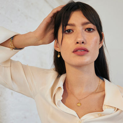 Model Wearing Gold and Citrine Sun Earrings