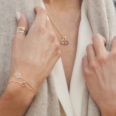 Model Wearing Gold Natural Gemstone Chain Bracelets