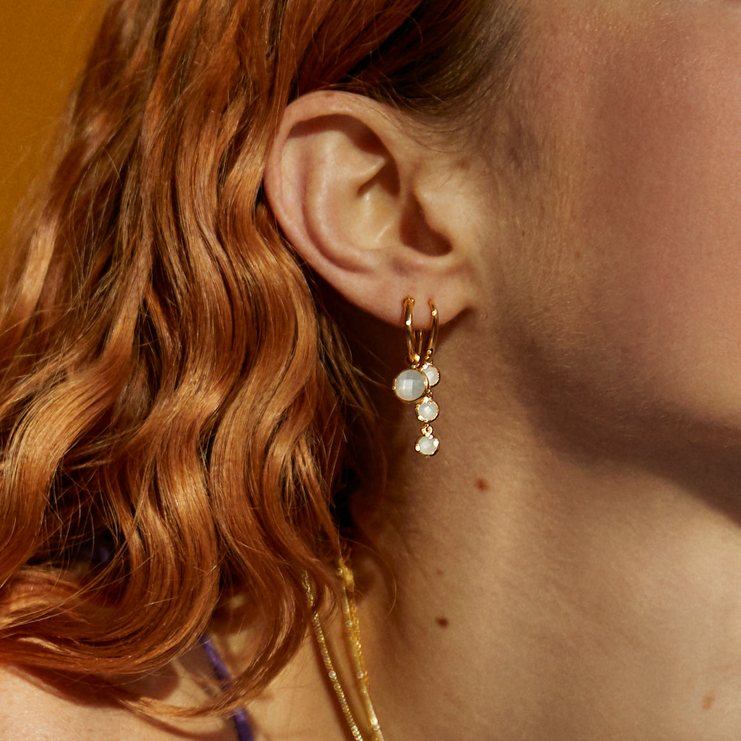 Model Wearing Gold and Blue Topaz Triple Drop Earrings