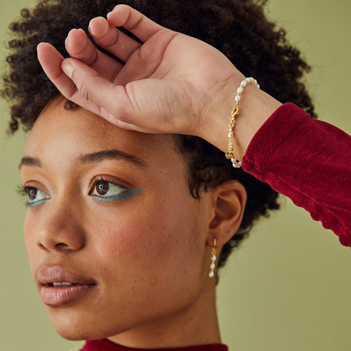 Model Wearing Gold Freshwater Pearl Bracelet