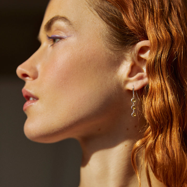 Side View of Model Wearing Gold and Cognac Quartz Triple Drop Earrings