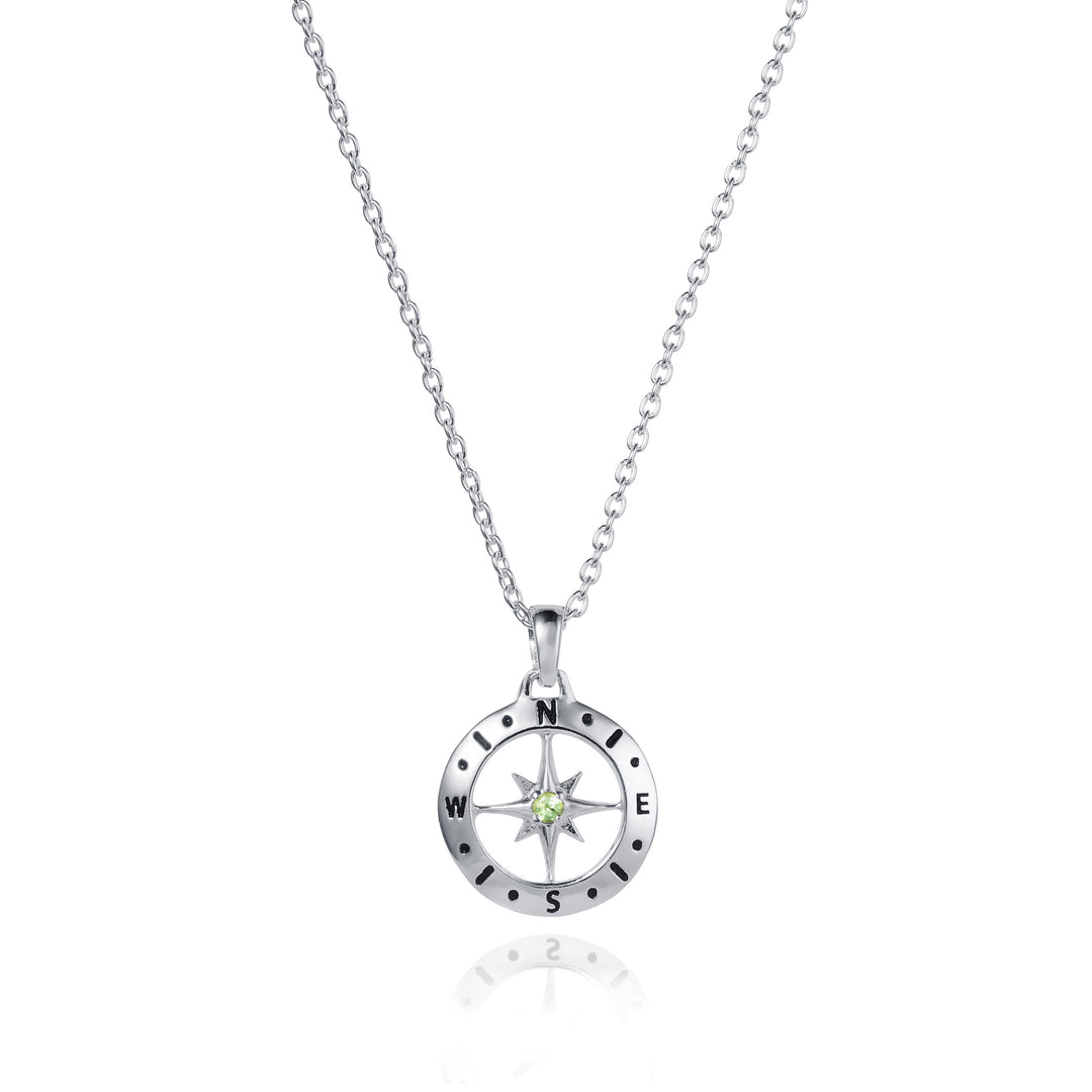 August Peridot Birthstone Compass Necklace In Silver