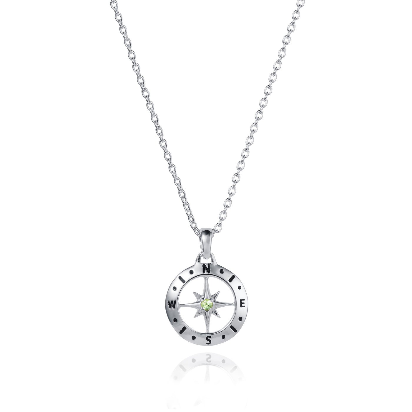 August Peridot Birthstone Compass Necklace In Silver