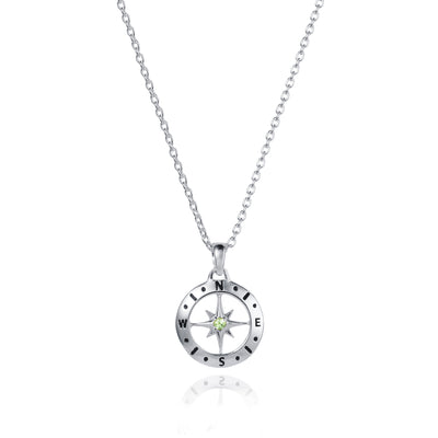 August Peridot Birthstone Compass Necklace In Silver