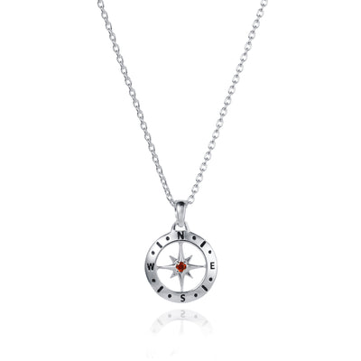 Image of Silver Compass Necklace with January Garnet Birthstone