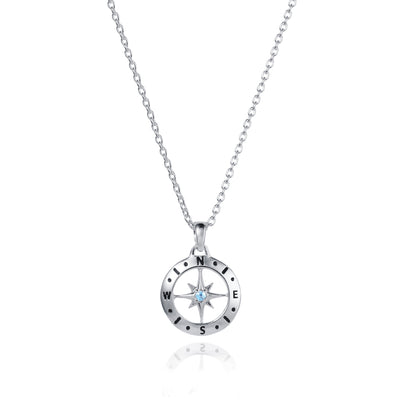 March Aquamarine Birthstone Compass Necklace In Silver