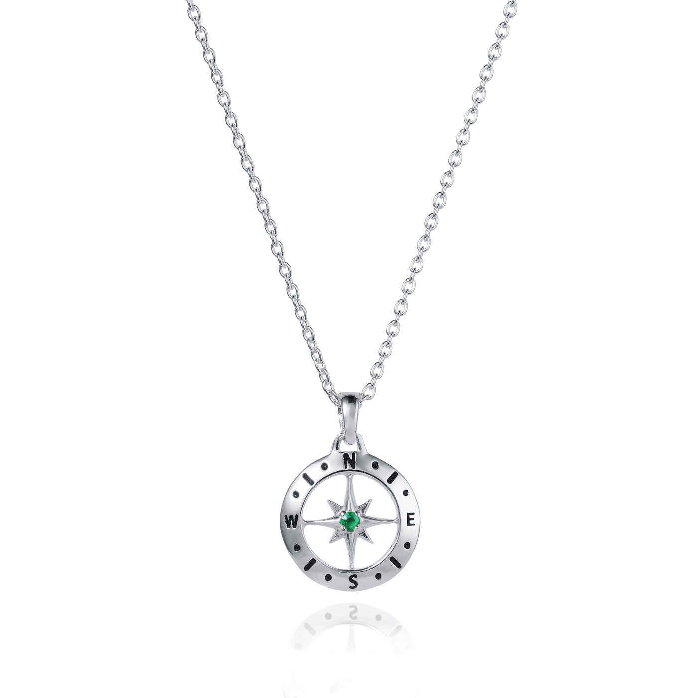 May Emerald Birthstone Compass Necklace In Silver
