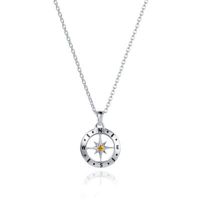 November Citrine Birthstone Compass Necklace In Silver