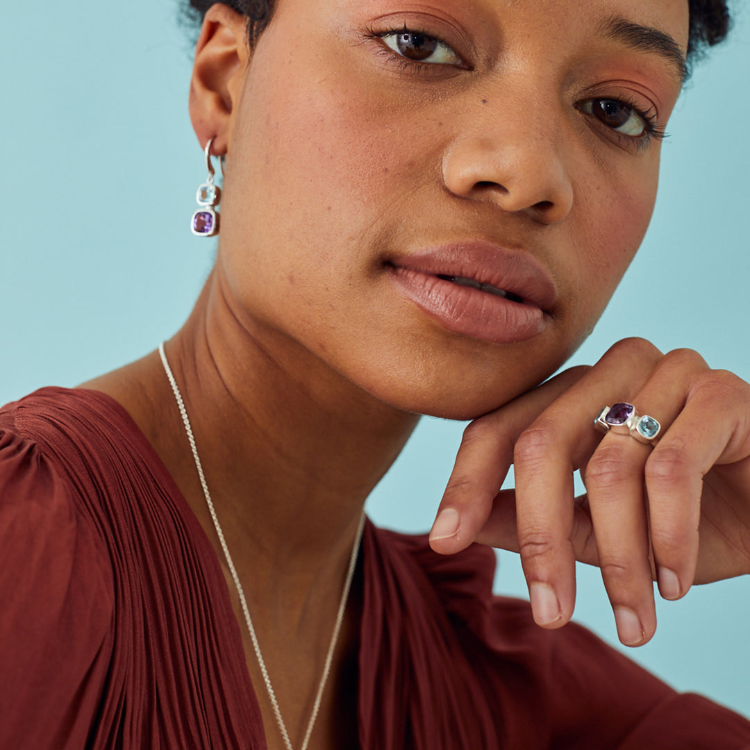 Model Wearing Amethyst & Blue Topaz Violet Silver Ring