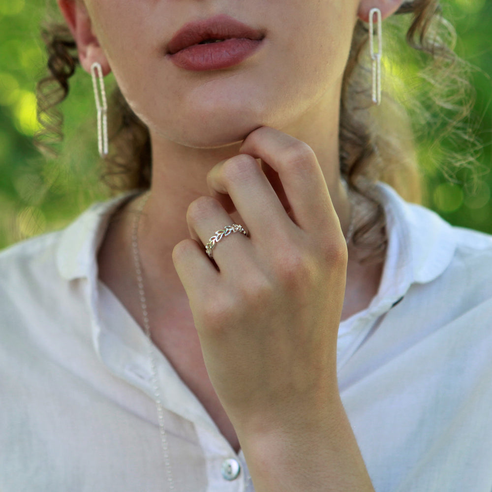 Model Wearing Multi Leaf Silver Ring